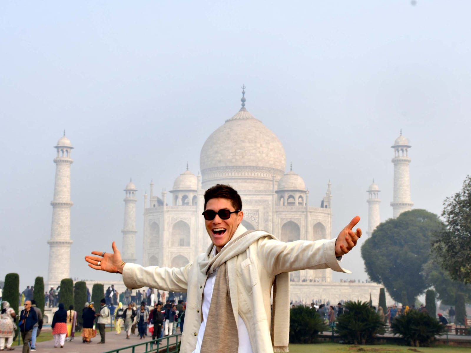 Adam with arms wide open at the Taj Mahal